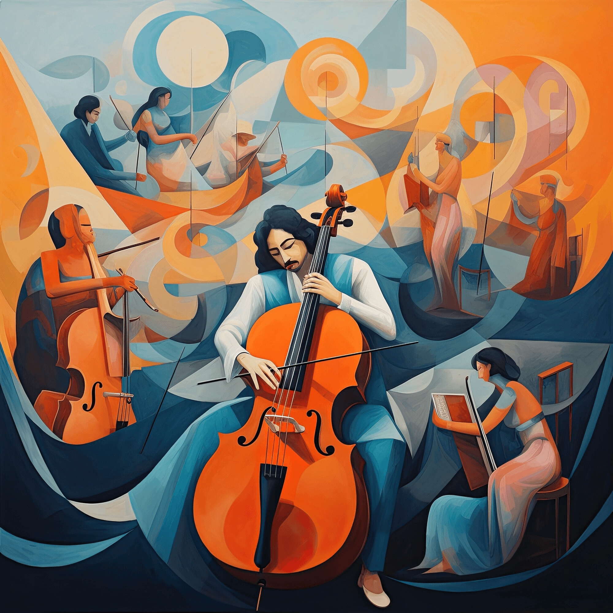 Musicians playing various string instruments including violins and cellos